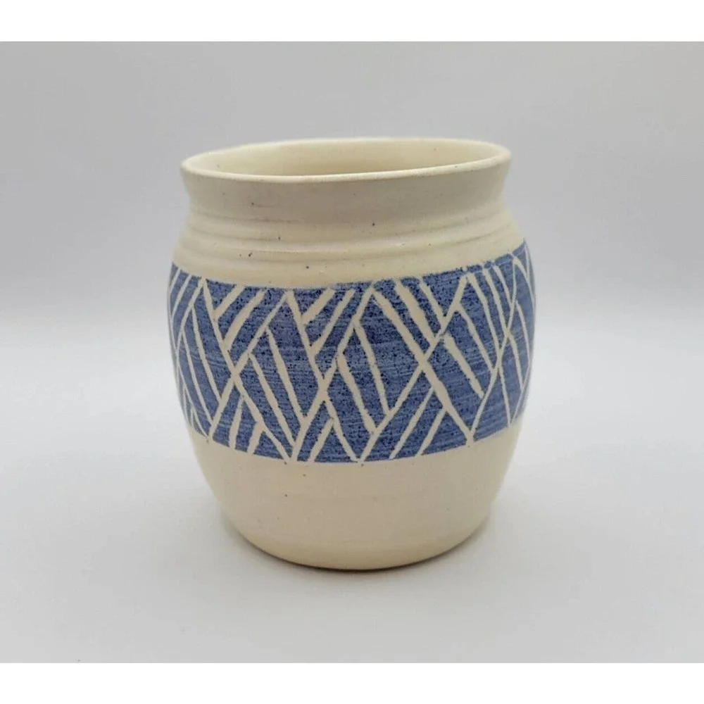 Studio Pottery Blue & White Geometric Pattern Signed 4